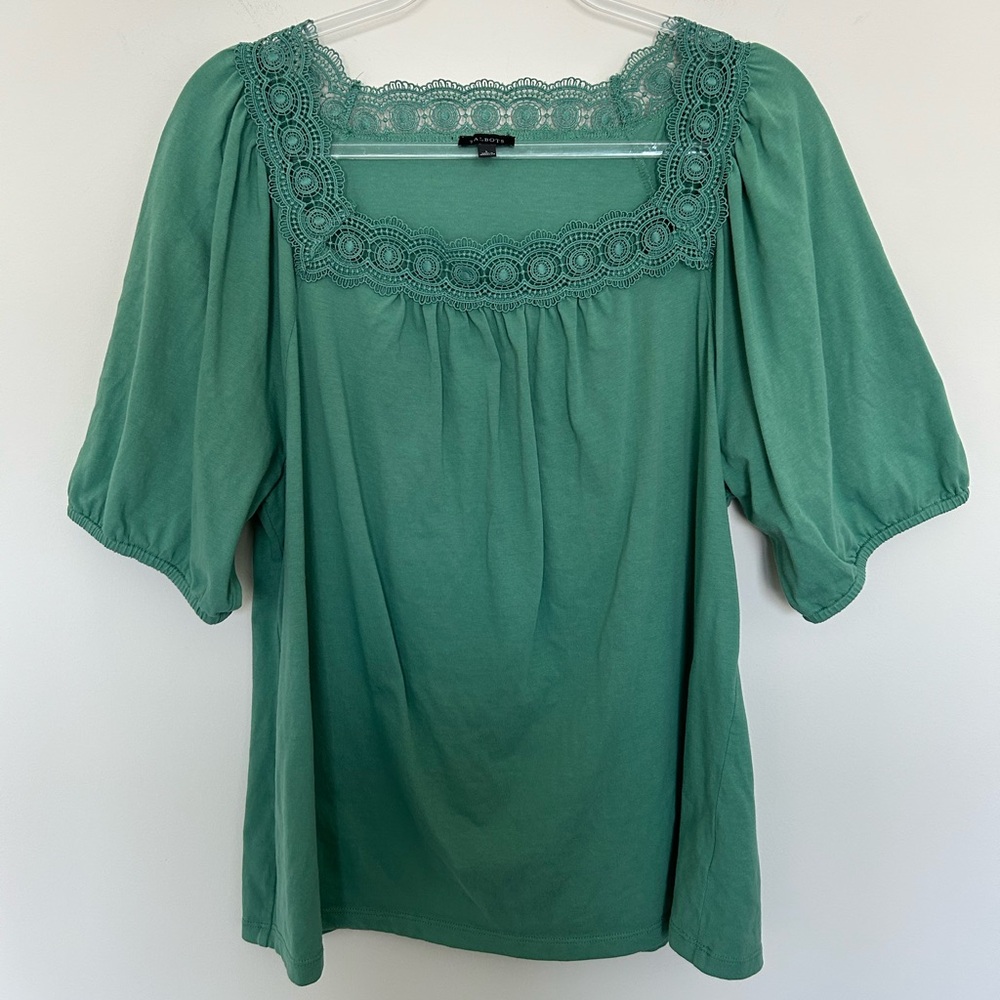 Talbots Green Lace-Trim Square Neck Puff Sleeve Top